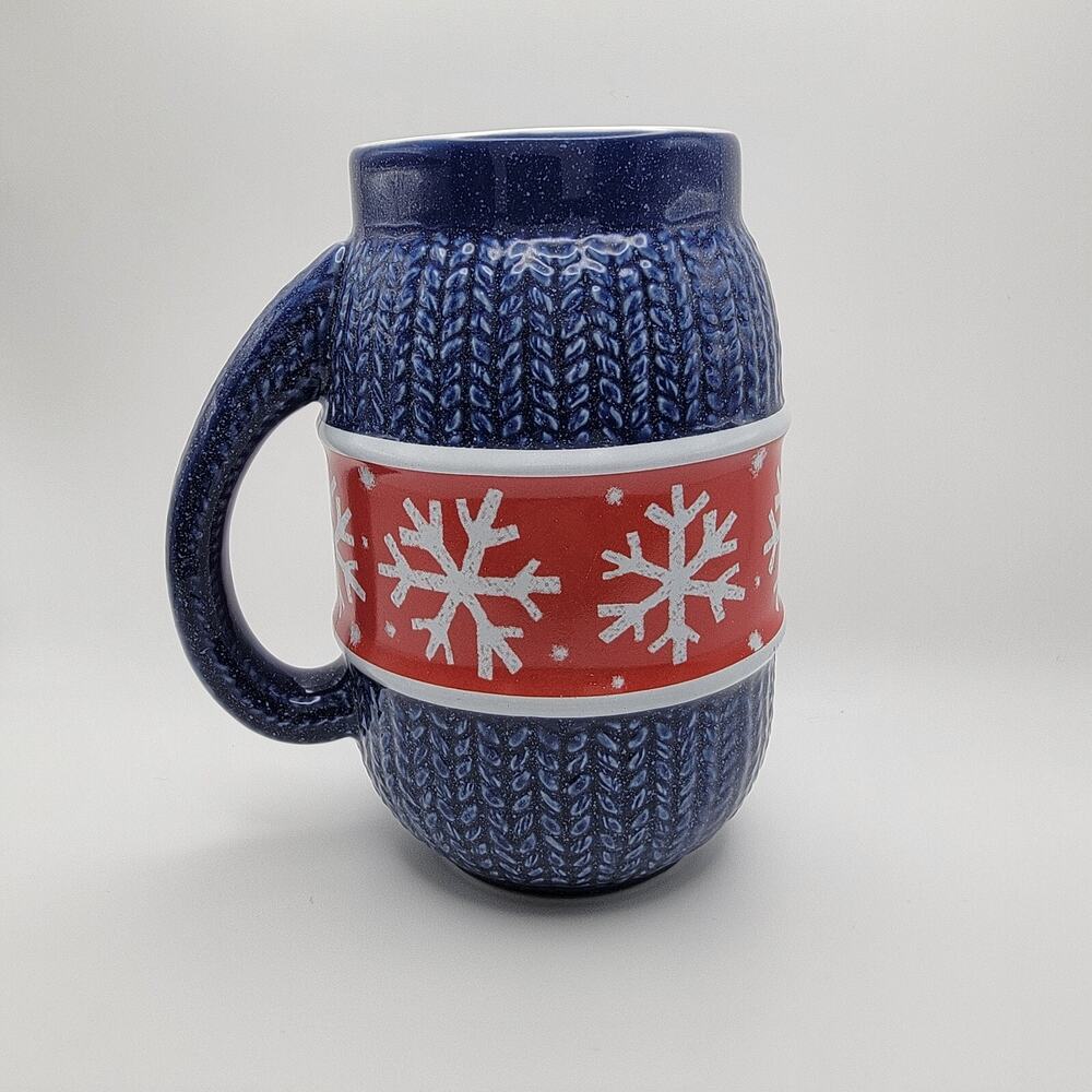 Hallmark Sweater Mug Christmas Holiday Winter Coffee Cocoa Blue Red Snowflakes